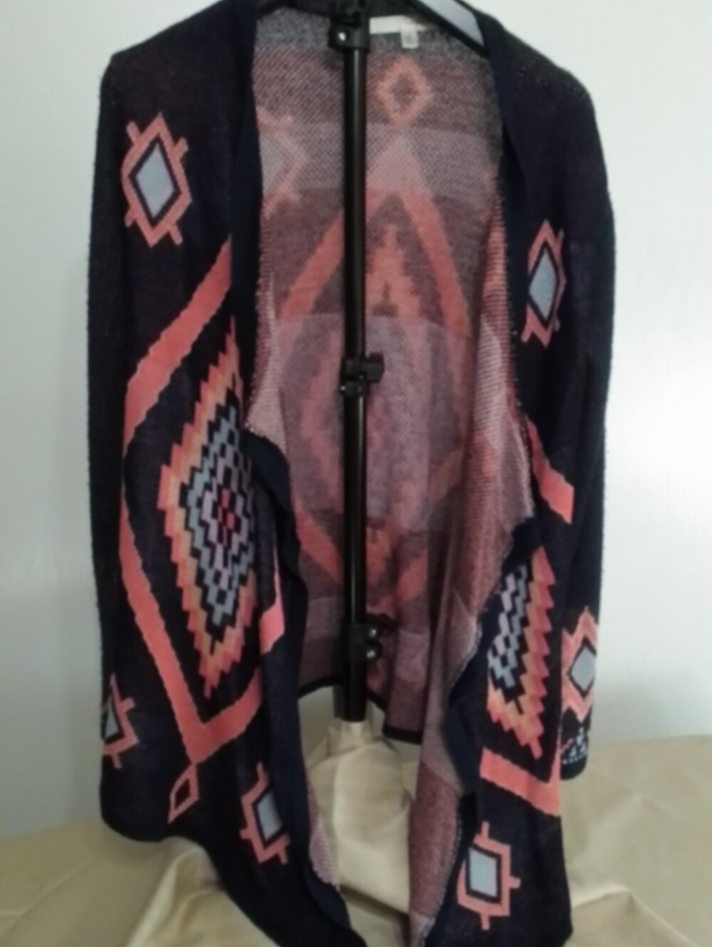 Say What? Navy Cardigan Sweater with Pink Aztec Motif